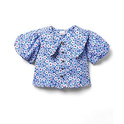 Babyhug Woven Half Puffed Sleeves Peter Pan Collared Crop Top with Floral Print - Blue