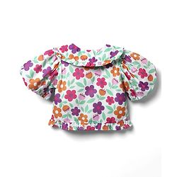 Babyhug Woven Half Puffed Sleeves Peter Pan Collared Crop Top with Floral Print - White