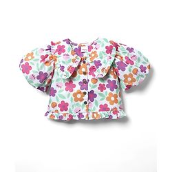 Babyhug Woven Half Puffed Sleeves Peter Pan Collared Crop Top with Floral Print - White