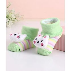 Cute Walk by Babyhug Socks With Stripes & Kitty Applique - Light Green