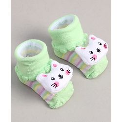 Cute Walk by Babyhug Socks With Stripes & Kitty Applique - Light Green