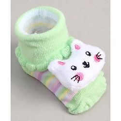 Cute Walk by Babyhug Socks With Stripes & Kitty Applique - Light Green