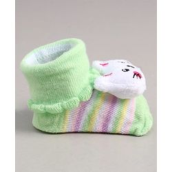 Cute Walk by Babyhug Socks With Stripes & Kitty Applique - Light Green