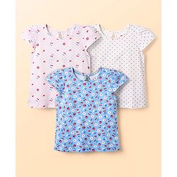 Babyhug 100% Cotton Knit Half Sleeves T-Shirts with Tropical Theme Polka Dots Print & Checks Pack of 3 - Light Blue Pink & White