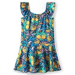 Babyhug Frill Sleeves Water Repellent Frock Swimsuit with Tropical Theme Print - Navy Blue