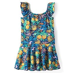 Babyhug Frill Sleeves Water Repellent Frock Swimsuit with Tropical Theme Print - Navy Blue