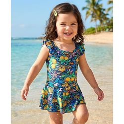 Babyhug Frill Sleeves Water Repellent Frock Swimsuit with Tropical Theme Print - Navy Blue