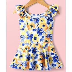 Babyhug Frill Sleeves Water Repellent Frock Swimsuit with Floral Print - White