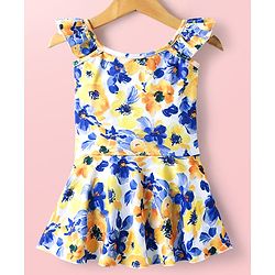 Babyhug Frill Sleeves Water Repellent Frock Swimsuit with Floral Print - White