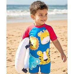 Babyhug Half Raglan Sleeves Legged Swimsuit with Animal Print - Navy Blue & Red