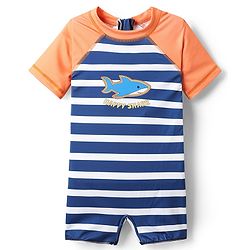 Babyhug Water Repellant Half Sleeves Legged Swimsuit With Stripes & Fish Print - Blue