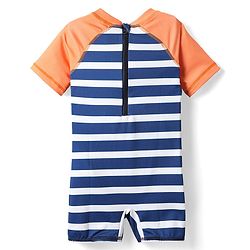Babyhug Water Repellant Half Sleeves Legged Swimsuit With Stripes & Fish Print - Blue