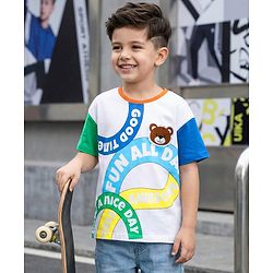 Babyhug 100% Cotton Knit Half Drop Shoulder Sleeves T-Shirt with Text Print - White