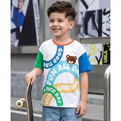 Babyhug 100% Cotton Knit Half Drop Shoulder Sleeves T-Shirt with Text Print - White