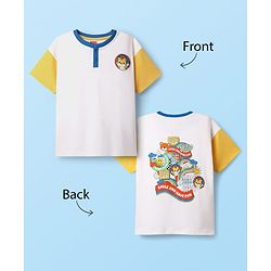 Babyhug 100% Cotton Knit Half Drop Shoulder Sleeves Henley T-Shirt with Front & Back Animal Print - White