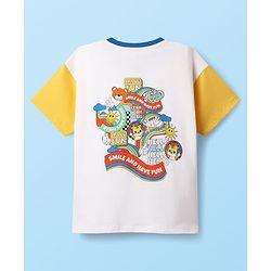 Babyhug 100% Cotton Knit Half Drop Shoulder Sleeves Henley T-Shirt with Front & Back Animal Print - White