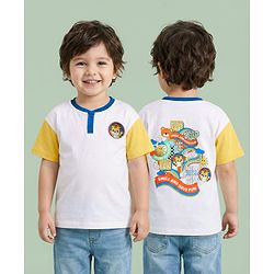 Babyhug 100% Cotton Knit Half Drop Shoulder Sleeves Henley T-Shirt with Front & Back Animal Print - White