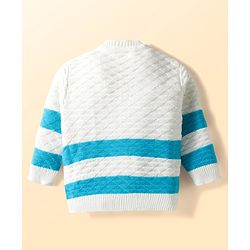 Babyhug Knit Full Sleeves Striped Front Open Sweater Set with Pair of Socks & Cap - Royal Blue & White