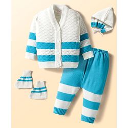 Babyhug Knit Full Sleeves Striped Front Open Sweater Set with Pair of Socks & Cap - Royal Blue & White