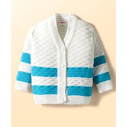 Babyhug Knit Full Sleeves Striped Front Open Sweater Set with Pair of Socks & Cap - Royal Blue & White