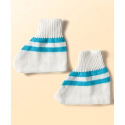 Babyhug Knit Full Sleeves Striped Front Open Sweater Set with Pair of Socks & Cap - Royal Blue & White