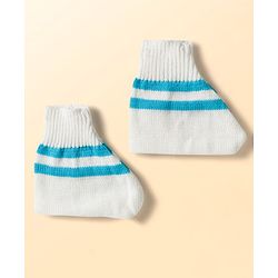 Babyhug Knit Full Sleeves Striped Front Open Sweater Set with Pair of Socks & Cap - Royal Blue & White