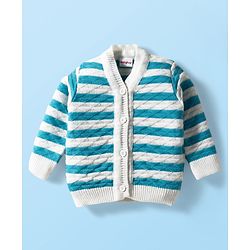 Babyhug Knit Full Sleeves Striped Front Open Sweater Set with Pair of Socks & Cap - Light Blue & White