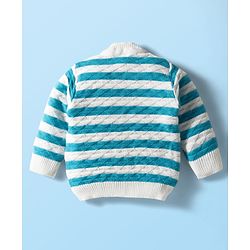 Babyhug Knit Full Sleeves Striped Front Open Sweater Set with Pair of Socks & Cap - Light Blue & White