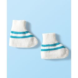 Babyhug Knit Full Sleeves Striped Front Open Sweater Set with Pair of Socks & Cap - Light Blue & White