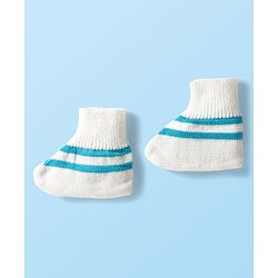 Babyhug Knit Full Sleeves Striped Front Open Sweater Set with Pair of Socks & Cap - Light Blue & White