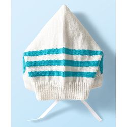 Babyhug Knit Full Sleeves Striped Front Open Sweater Set with Pair of Socks & Cap - Light Blue & White