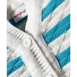 Babyhug Knit Full Sleeves Striped Front Open Sweater Set with Pair of Socks & Cap - Light Blue & White