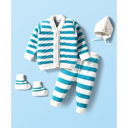 Babyhug Knit Full Sleeves Striped Front Open Sweater Set with Pair of Socks & Cap - Light Blue & White