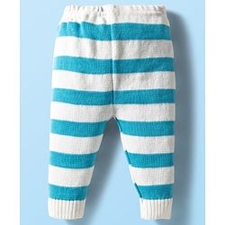 Babyhug Knit Full Sleeves Striped Front Open Sweater Set with Pair of Socks & Cap - Light Blue & White
