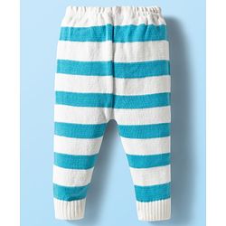 Babyhug Knit Full Sleeves Striped Front Open Sweater Set with Pair of Socks & Cap - Light Blue & White
