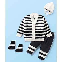 Babyhug Knitted Full Sleeves Striped Front Open Sweater Set with Cap  Pair of Booties - Navy Blue & White