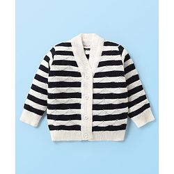 Babyhug Knitted Full Sleeves Striped Front Open Sweater Set with Cap  Pair of Booties - Navy Blue & White
