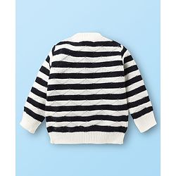 Babyhug Knitted Full Sleeves Striped Front Open Sweater Set with Cap  Pair of Booties - Navy Blue & White