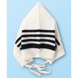 Babyhug Knitted Full Sleeves Striped Front Open Sweater Set with Cap  Pair of Booties - Navy Blue & White