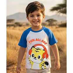 Babyhug 100% Cotton Knit Half Sleeves Raglan T-Shirt with Fun All Day Text Print - Blue & White