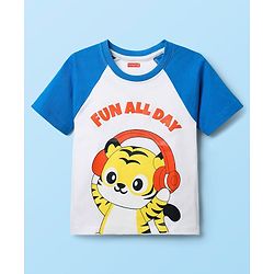 Babyhug 100% Cotton Knit Half Sleeves Raglan T-Shirt with Fun All Day Text Print - Blue & White