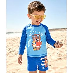 Babyhug Full Raglan Sleeves Water Repellent Two Piece Swimsuit with Bear Print - Blue