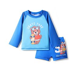 Babyhug Full Raglan Sleeves Water Repellent Two Piece Swimsuit with Bear Print - Blue