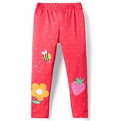 Babyhug Cotton Lycra Knit Full Length Leggings with Floral Fruit & Bee Print - Red