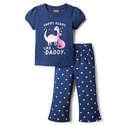 Babyhug Cotton Knit Half Sleeves Night Suit With Dino Print - Navy Blue