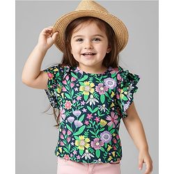 Babyhug 100 % Cotton Knit Frill Sleeves Top with Floral Print - Navy Blue