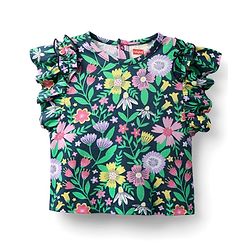 Babyhug 100 % Cotton Knit Frill Sleeves Top with Floral Print - Navy Blue