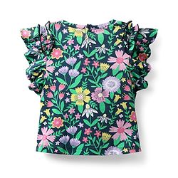 Babyhug 100 % Cotton Knit Frill Sleeves Top with Floral Print - Navy Blue
