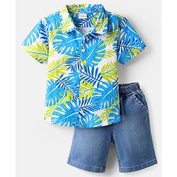 Babyhug Single Jersey Knit Half Sleeves Shirt & Denim Shorts Set With Leaf Print - Blue