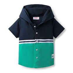Babyhug Cotton Woven Half Sleeves Hooded Shirt with Cut & Sew Print - Navy Blue & Sea Green